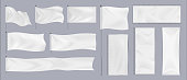 Realistic textile banners. 3D waving cotton flags. Fabric signboards for advertising. White canvas hanging on chrome stand. Horizontal or vertical pennants for brand identity, vector set