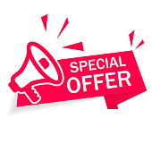 Red banner special offer with megaphone on white background. Ribbon of discount and sale. Modern advertising and promotion in store. Info of Special discount. Retail offer with low price good. Vector