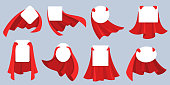 Red hero cape label. White empty badges with super hero, power man cloak. Cartoon vector mockup for kids product advertising
