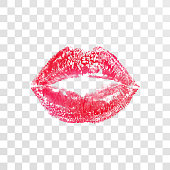 Red kiss lips lipstick print or imprint vector isolated element on transparent background for fashion cosmetics, wedding or Valentine day and birthday design template