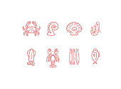 Red linear seafood icon set, flat design