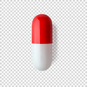 Red white capsule pill realistic vector illustration. Сloseup isolated medicament. Healthcare and medicine. Painkiller or antibiotic mockup