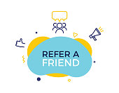 Refer a friend text on a fluid trendy shape with geometric elements. Vector design banner abstract shape with megaphone, thumbs up and group of people with speech bubble line icons. Concept for Referral program, affiliate marketing, online business