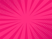 Retro comic pop art pink background with stripes and halftone dots. Classic vintage cartoon style.
