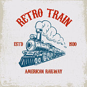 Retro train. Vintage locomotive illustration on grunge background. Design element for poster, emblem, sign, t shirt.