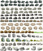 Rock stone set with grass cartoon in flat style. Vector