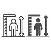 Ruler and human height line and solid icon, Aquapark concept, Man tall scale sign on white background, man and height chart icon in outline style for mobile concept and web design. Vector graphics.