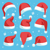 Santa hats. Red christmas santa hat design set, holiday masquerade costume decoration, funny party festive headwear, cartoon vector set