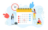 Schedule, appointment, planning. Clock and calendar with marked date and group of people with pencil, laptop and briefcase. Time management, agenda, business event concepts. Modern flat design. Vector illustration