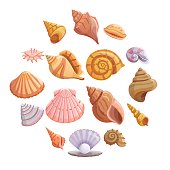 Sea shell beach icons set, cartoon style
