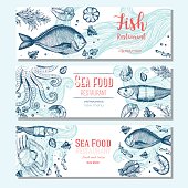 Seafood vintage design template. Horizontal banners set.