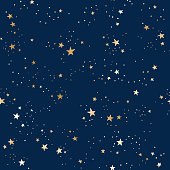 Seamless blue space pattern with gold constellations and stars
