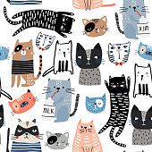 Seamless pattern with different funny hand drawn cats and milk bottle. Creative childish texture. Great for fabric, textile Vector Illustration