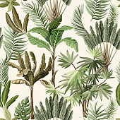 Seamless pattern with exotic trees such us palm and banana. Interior vintage wallpaper.