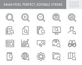 Search simple line icons. Vector illustration with minimal icon - lupe, analysis, spyglass lens, loupe, gear, hr, globe, folder, magnifier, binoculars pictogram. 64x64 Pixel Perfect Editable Stroke