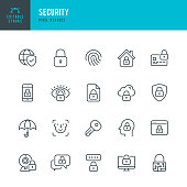 Security - thin line vector icon set. Pixel perfect. Editable stroke. The set contains icons Security, Fingerprint, Face Identification, Key, Message Protect.