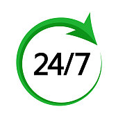 24/7. Service open 24h hours day and 7 days a week. Green and black colors. Vector