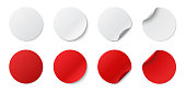 Set circle adhesive symbols. White tags, paper round stickers with peeling corner and shadow, isolated rounded plastic mockup,  realistic red round paper adhesive sticker mockup with curved corner