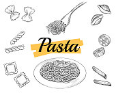 Set Italian pasta on fork and plate. Farfalle, conchiglie, penne, fusilli, spaghetti. Vector vintage black illustration isolated on white background.