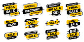 Set labels with inscription sale. Vector flat illustrations. Ad or promo. Shopping concept.