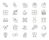 Set of 25 puzzle related icons. Vector thin line graphic elements related with solutions, business, strategies and creative problems and solutions