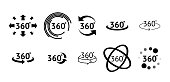 Set of 360 Degree View icons. Signs with arrows to indicate the rotation or panoramas to 360 degrees