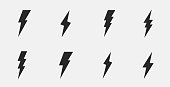 Set of 8 thunderbolts icons. Lightning icons isolated on white background. Vector illustration