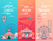 Set of Amusement park landscape banners with carousels,