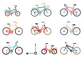 Set of bicycles in a flat style isolated on white background. Bike for man, woman, boy, girl. Bike icon vector.