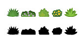 Set of cartoon bushes in flat style. Collection green plants and black silhouettes, isolated on white background.