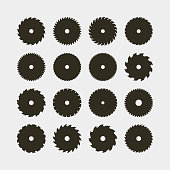 set of different black silhouettes of circular saw blades. vector illustration