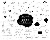 Set of doodle illustrations such as hearts, stars, concentrated lines, hands, speech bubbles, frames, etc.