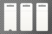 Set of empty ticket templates isolated on transparent background. Blank tickets mockup for entrance to the concert