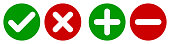 Set of flat round check mark, X mark, plus sign and minus sign icons, buttons isolated on a white background.