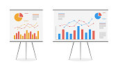 Set of graphs on the whiteboard vector cartoon. Statistics data analysis business, vector.