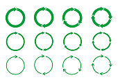Set of green circle arrows rotating on white background. Recycle concept.