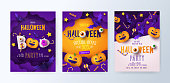 Set of Halloween party invitations, greeting cards, or posters with calligraphy, cutest pumpkins, bats and candy in night clouds.