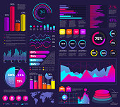 Set of infographic elements: bar graphs, statistics, pie charts, icons, presentation graphics