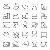 Set of Interior Design and Home Decoration Related Line Icons. Editable Stroke. Simple Outline Icons.