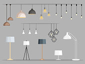 Set of lamps. Furniture chandelier, floor and table lamp in flat cartoon style. Vector illustration