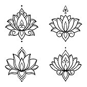 Set of lotus mehndi flower pattern for Henna drawing and tattoo. Decoration in oriental, Indian style. Doodle ornament. Outline hand draw vector illustration.