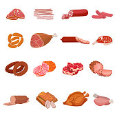 Set of meat products. Roast chicken and prime rib, sausage, salami and ham, sirlon, bacon, sucuk and smoked meat, turkey and  t-bone steak. Vector illustration.
