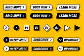 Set of modern buttons in different designs and colors like yellow, black, white. Ready to use in your web page or mobile app design