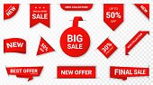 Set of new stickers, sale tags and labels. Shopping stickers and badges for merchandise and promotion, special offer, new collection, discount etc. Red stickers for web banners with realistic transparent shadow
