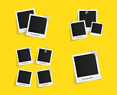 Set of polaroid vector photo frames on sticky tape on yellow background. Template photo design. Vector illustration