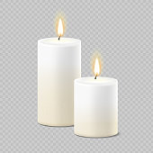 Set of realistic vector white candles with fire on transparent background. Cylindrical aromatic candle sticks with burning flames