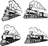 Set of retro locomotives on white background. Design elements for label, emblem, sign.