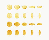Set of rotating gold coins with dollar currency sign.