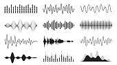 Set of sound waves. Analog and digital line waveforms. Musical sound waves, equalizer and recording concept. Electronic sound signal, voice recording
