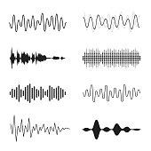 Set of sound waves. Analog and digital line waveforms. Musical sound waves, equalizer and recording concept. Electronic sound signal, voice recording